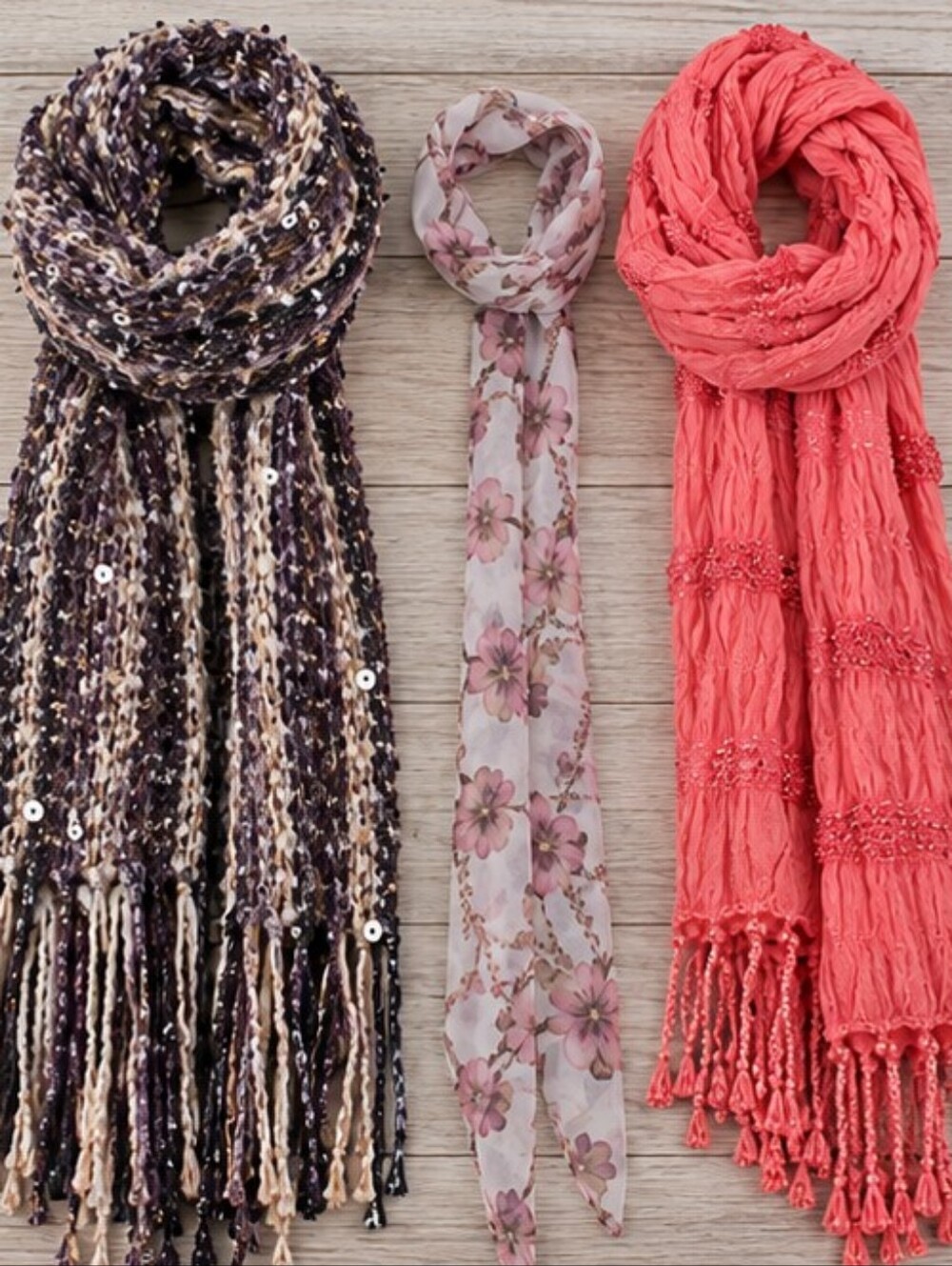 Maurices Bundle of 3 Scarves Floral Sequin Metallic Coral Purple